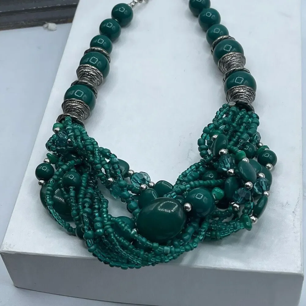 Vintage boho festival green silver multi layer necklace.